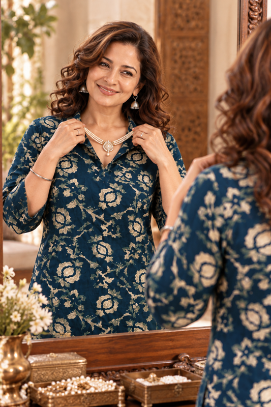 Peacock Rose Foiled Kurta With Pockets