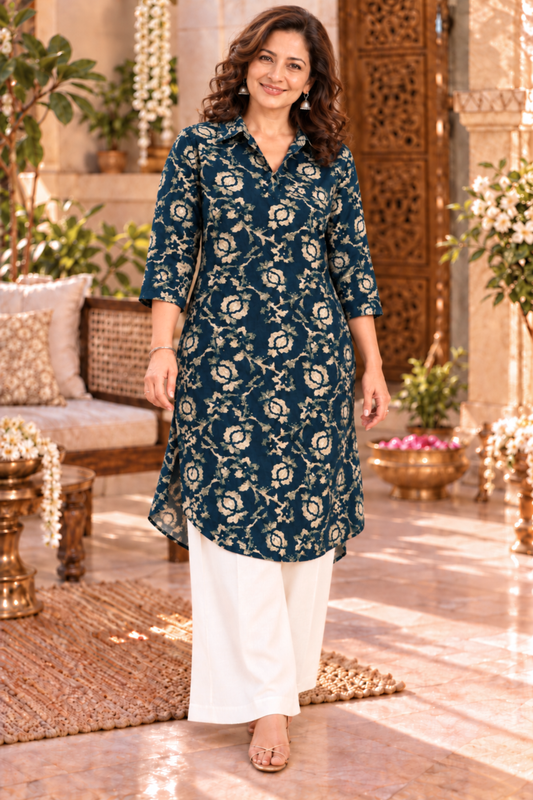 Peacock Rose Foiled Kurta With Pockets