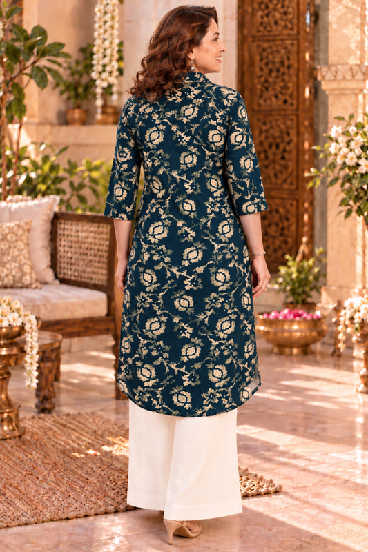 Peacock Rose Foiled Kurta With Pockets