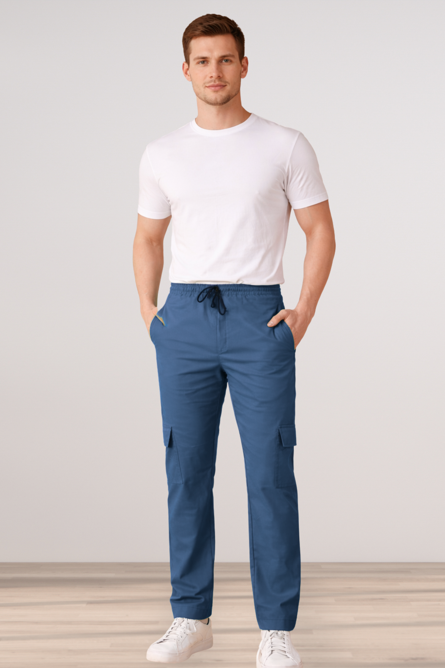Persian Blue Solid Cotton Cargo Pants
