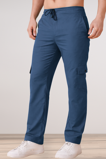 Persian Blue Solid Cotton Cargo Pants