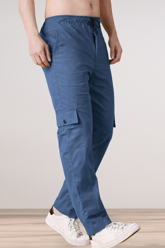 Persian Blue Solid Cotton Cargo Pants