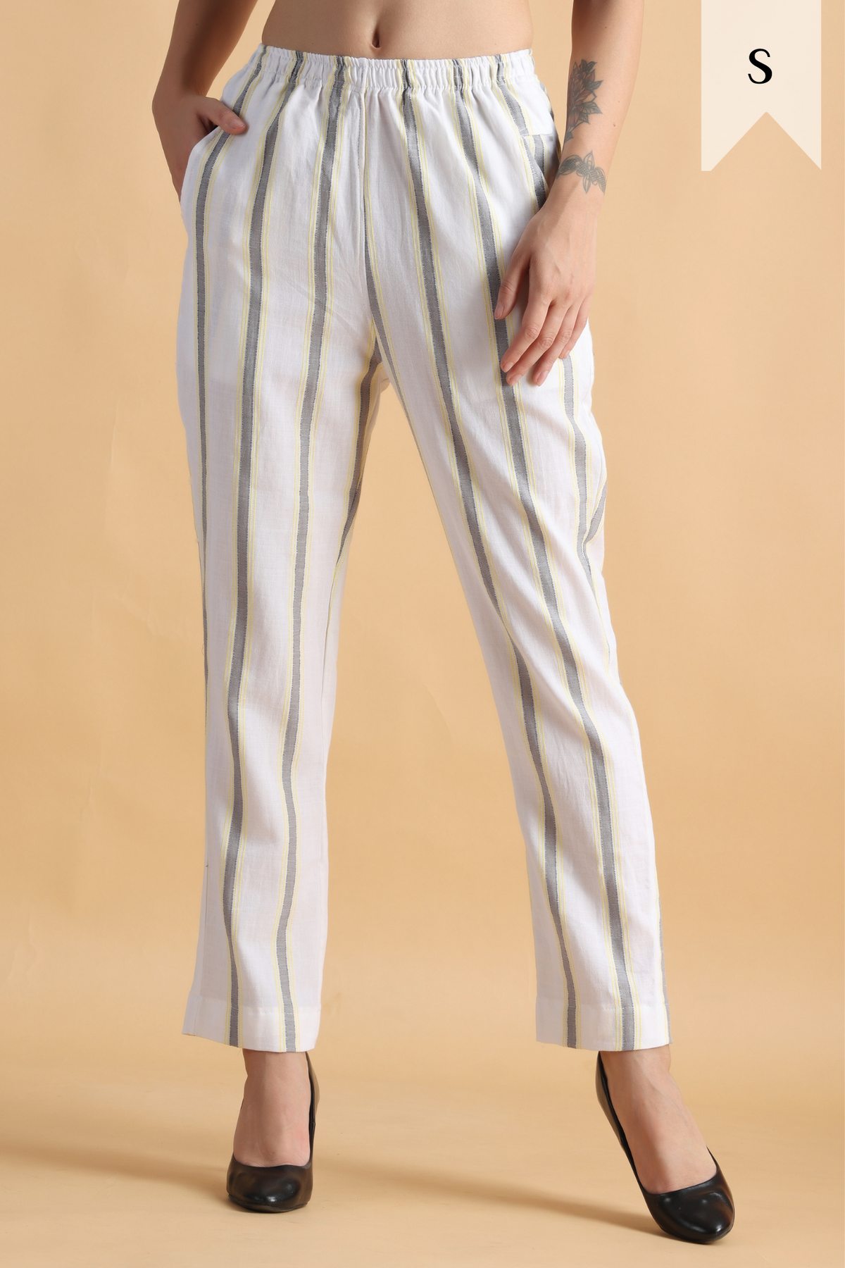Buy Plus Size ​Pristine White Striped Cotton Pants At Apella | Sizes XS to 10 XL | India | Free Delivery | Customized