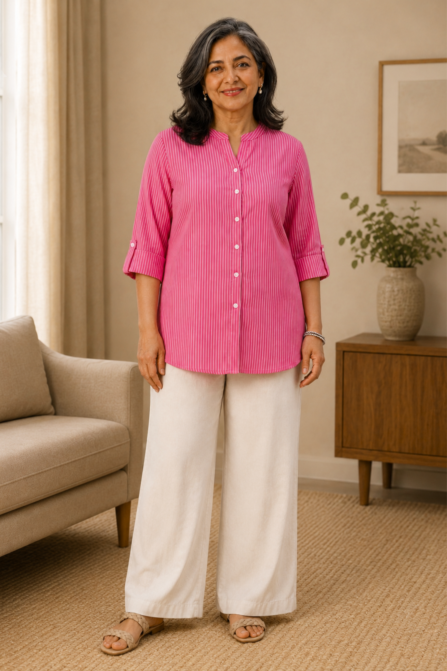 Pink Aura Striped Short Kurta