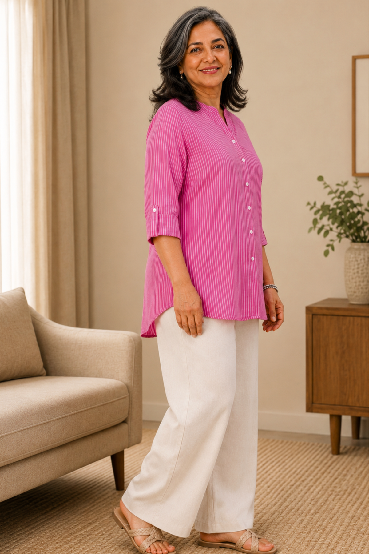 Pink Aura Striped Short Kurta
