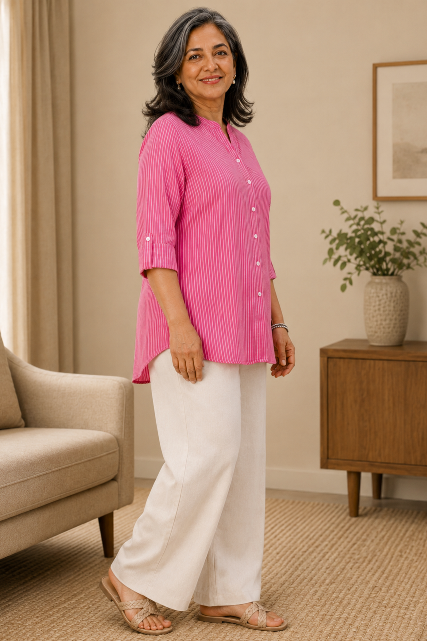 Pink Aura Striped Short Kurta