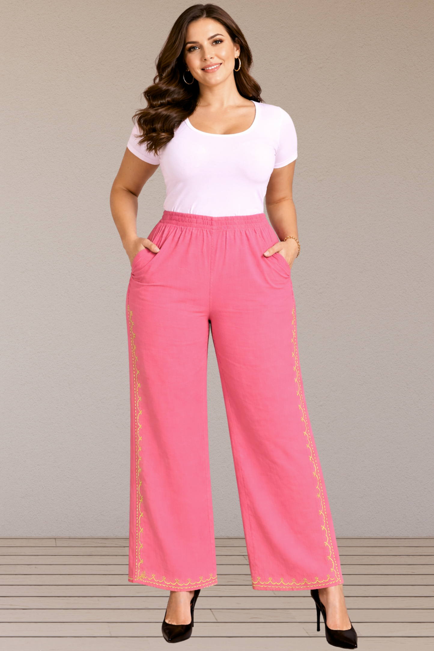 Pink Embroidered Cotton Palazzo
