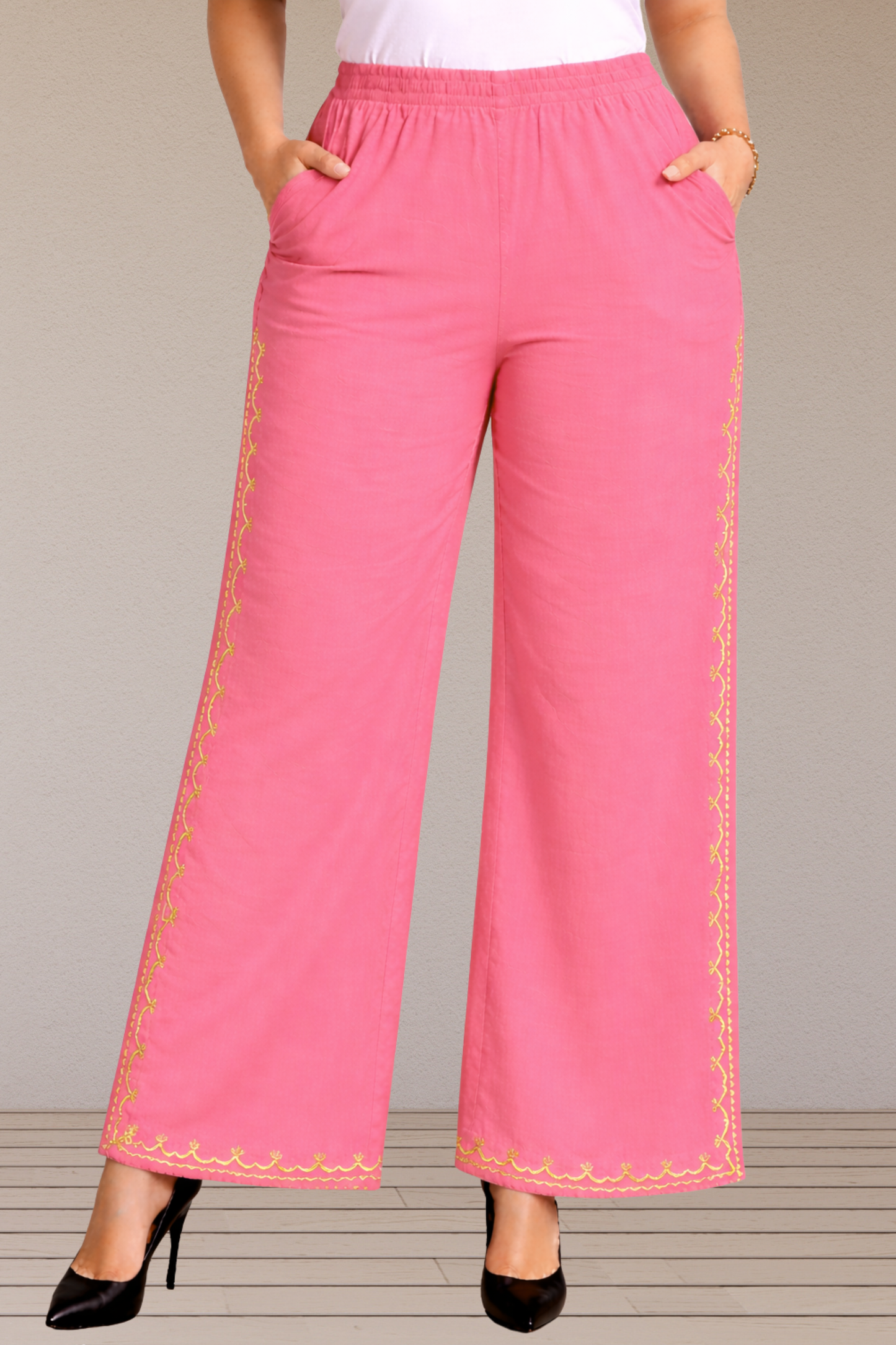 Pink Embroidered Cotton Palazzo