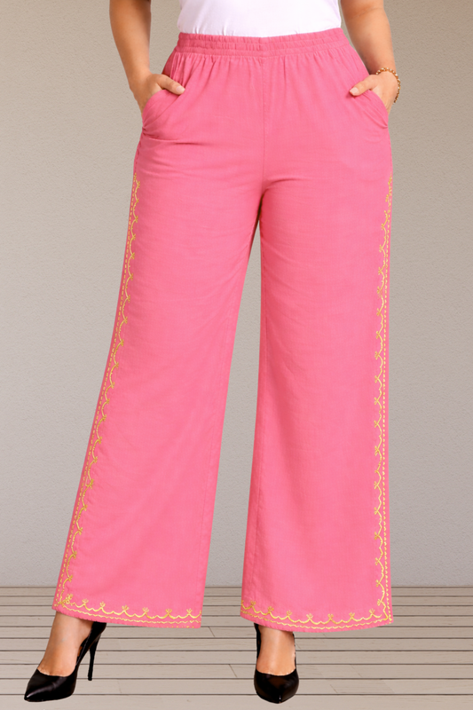 Pink Embroidered Cotton Palazzo