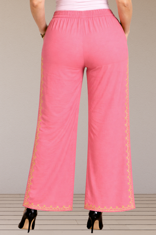 Pink Embroidered Cotton Palazzo