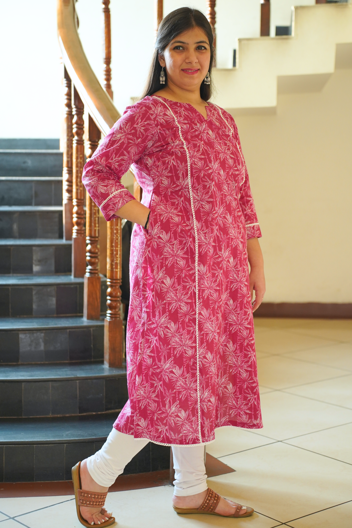 Pink Floral Cotton Kurta