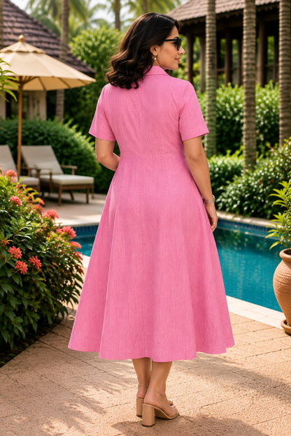Pink Punch Textured Dress With Pockets