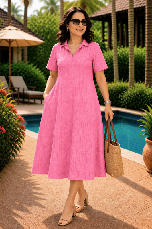 Pink Punch Textured Dress With Pockets