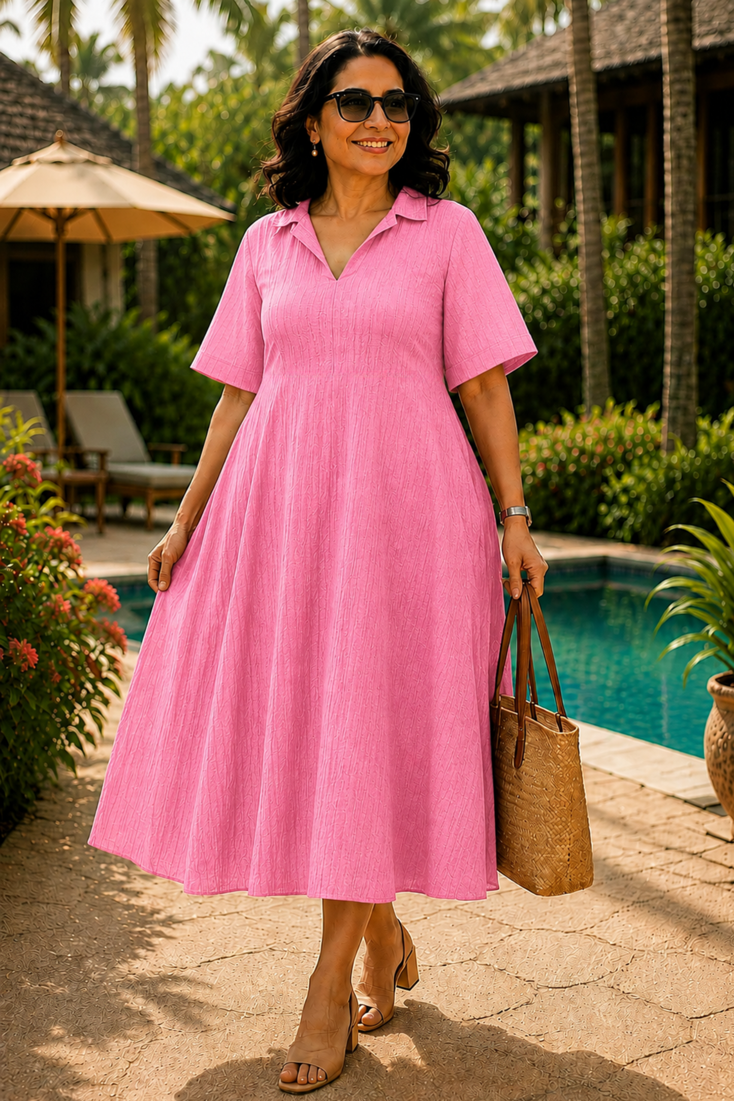 Pink Punch Textured Dress With Pockets