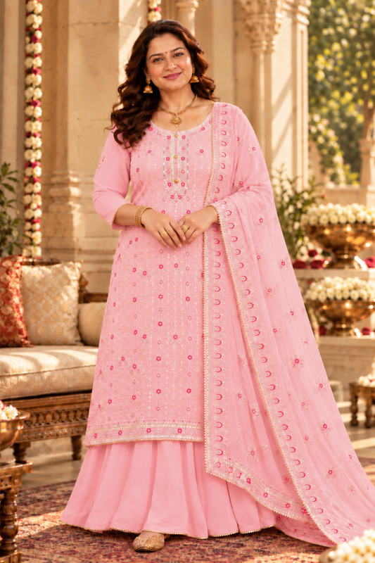 Pink Sequin Organza Skirt Suit