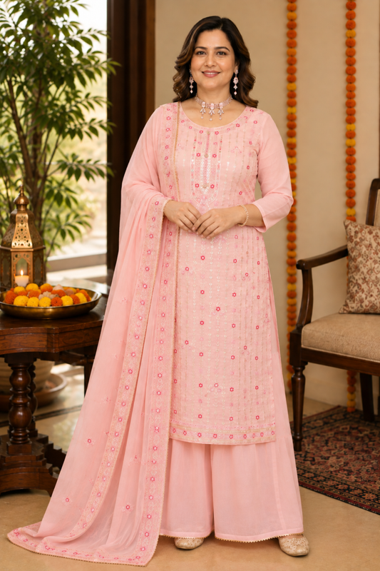 Pink Sequin Organza Skirt Suit