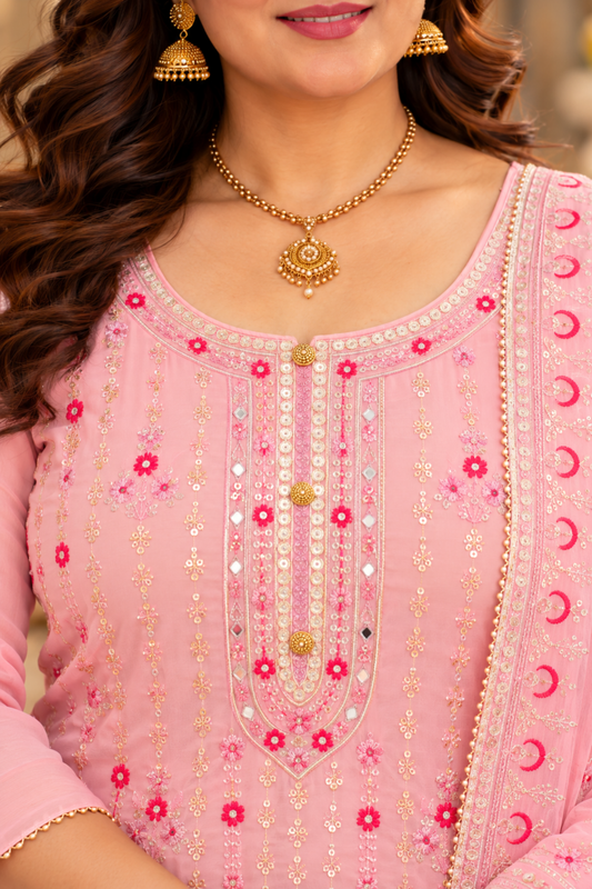 Pink Sequin Organza Skirt Suit