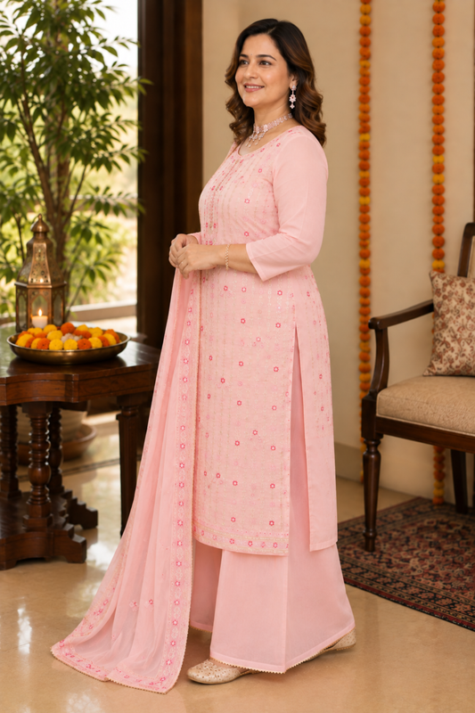 Pink Sequin Organza Skirt Suit