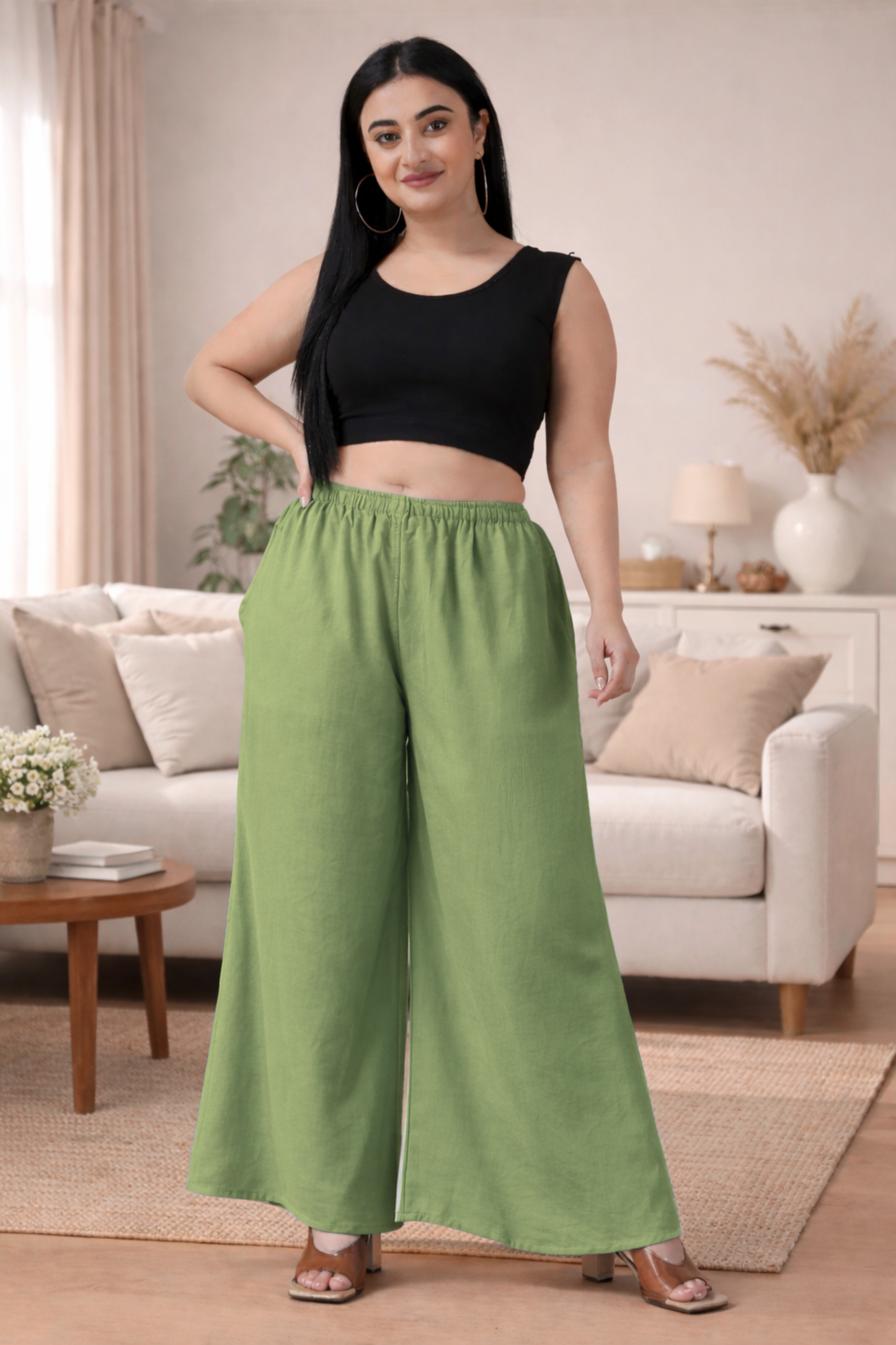 Pista Green Rayon Loose Palazzo