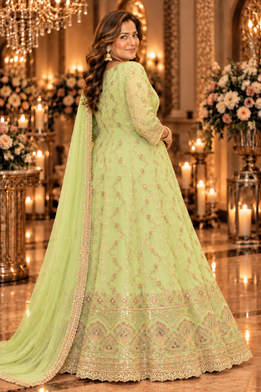Pistachio Élan Embroidered Anarkali Dress With Dupatta