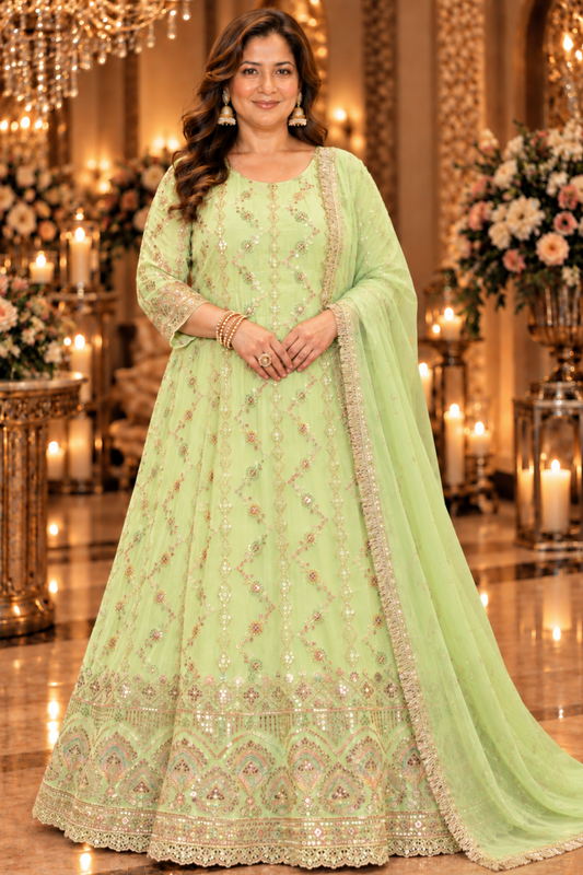 Pistachio Élan Embroidered Anarkali Dress With Dupatta