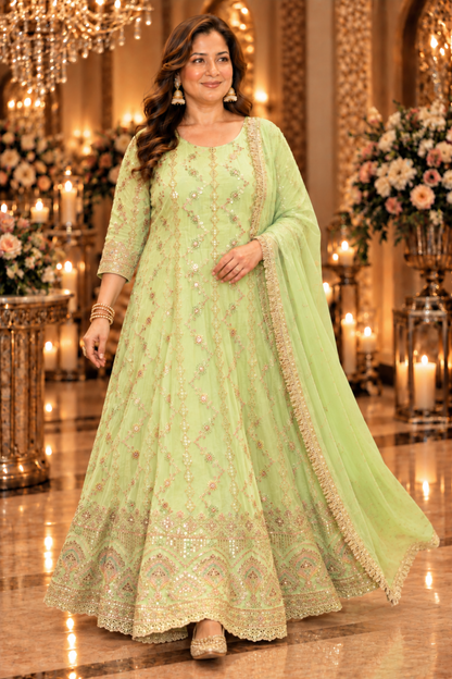 Pistachio Élan Embroidered Anarkali Dress With Dupatta