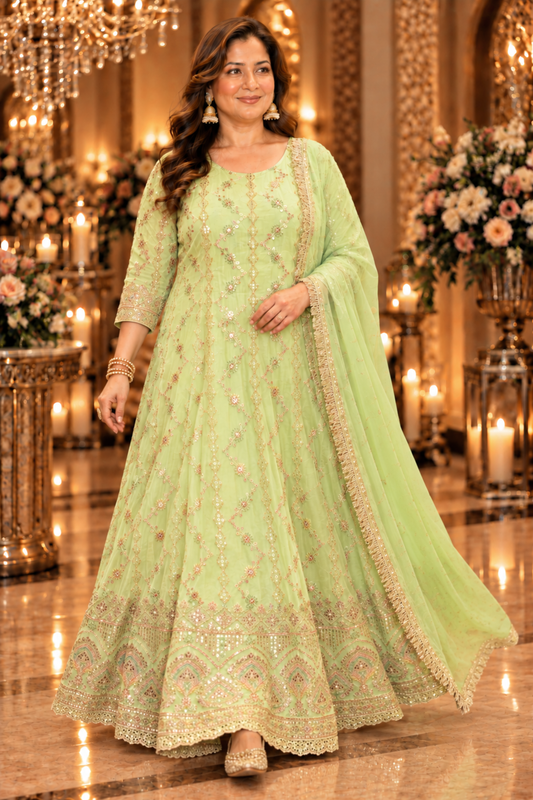 Pistachio Élan Embroidered Anarkali Dress With Dupatta