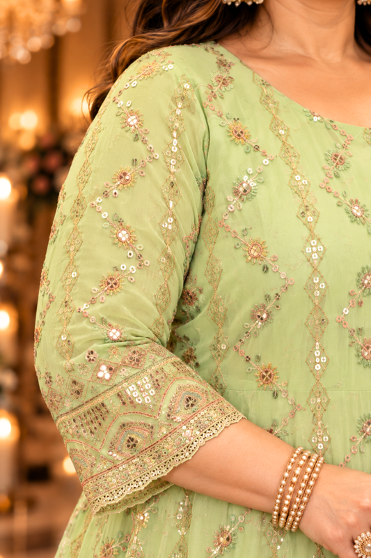 Pistachio Élan Embroidered Anarkali Dress With Dupatta