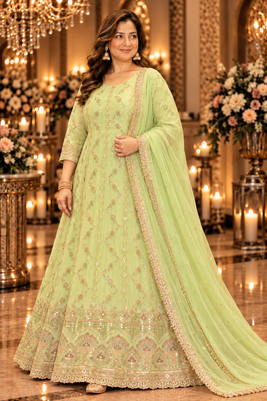 Pistachio Élan Embroidered Anarkali Dress With Dupatta