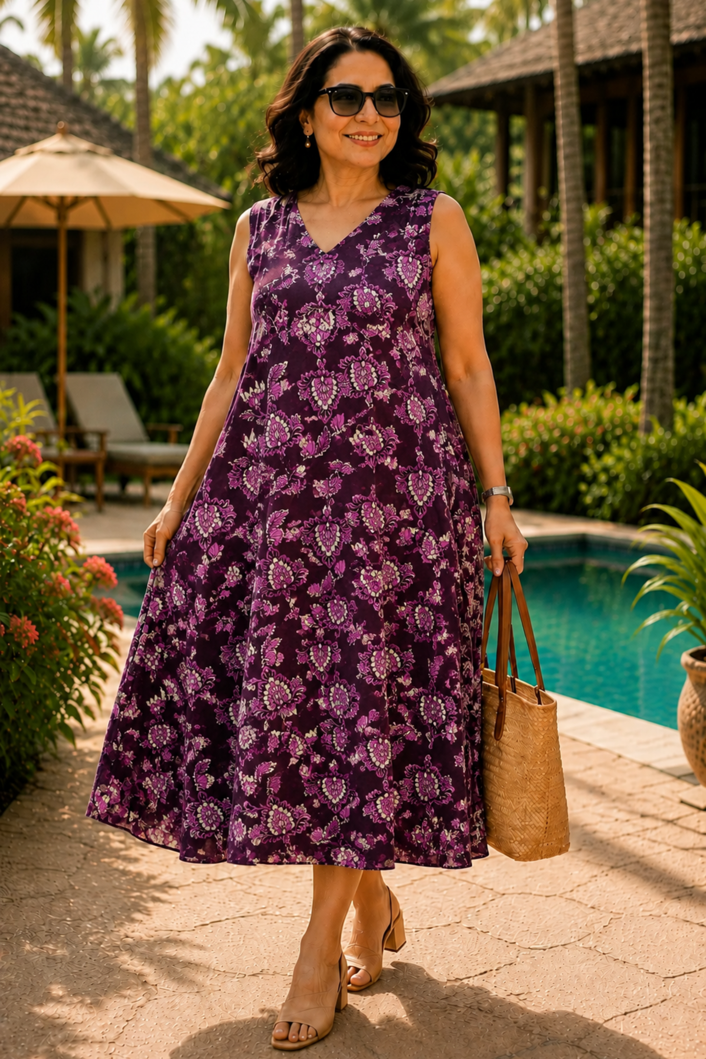 Plum Floral Printed Dress With Pockets