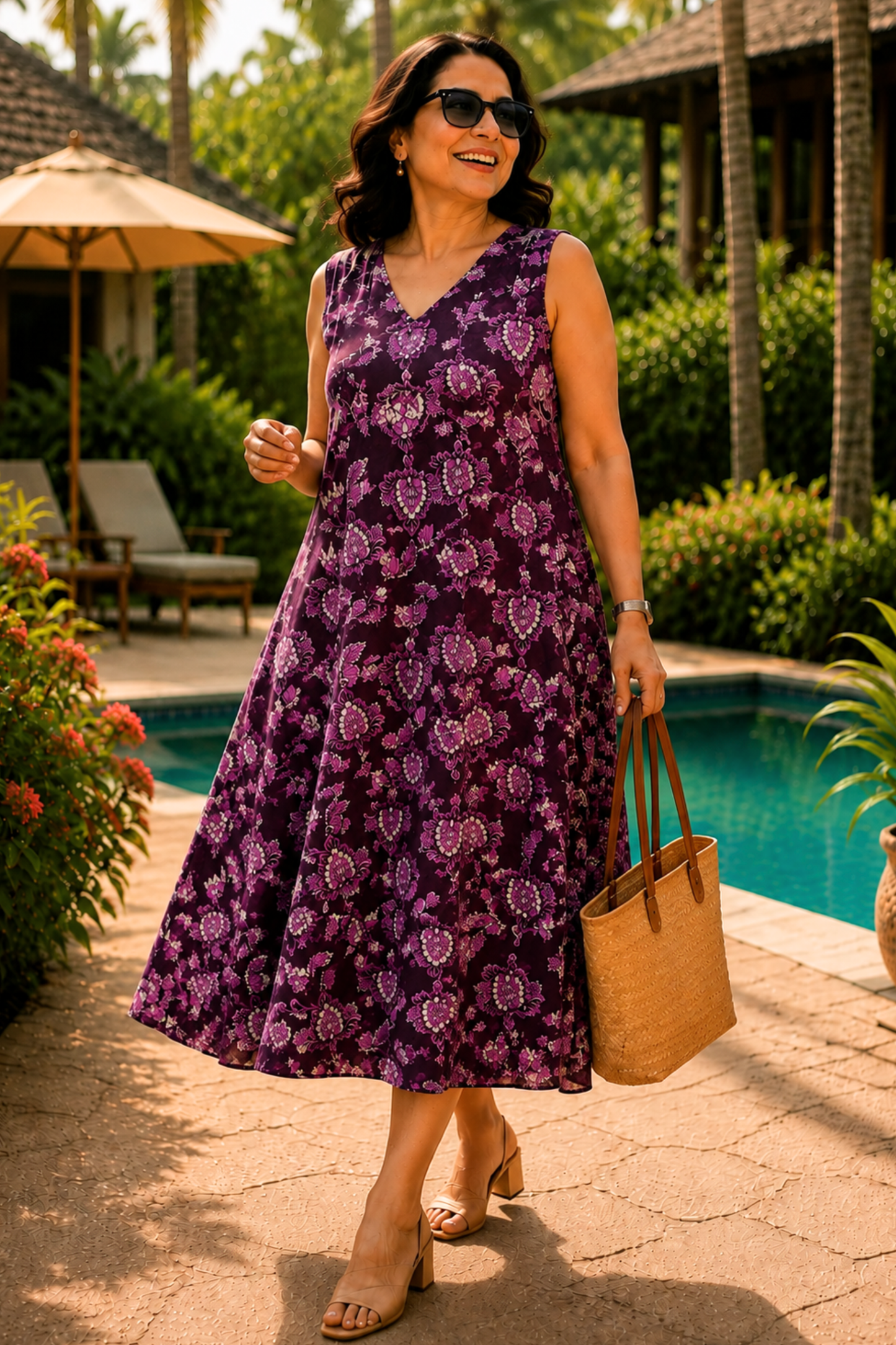 Plum Floral Printed Dress With Pockets