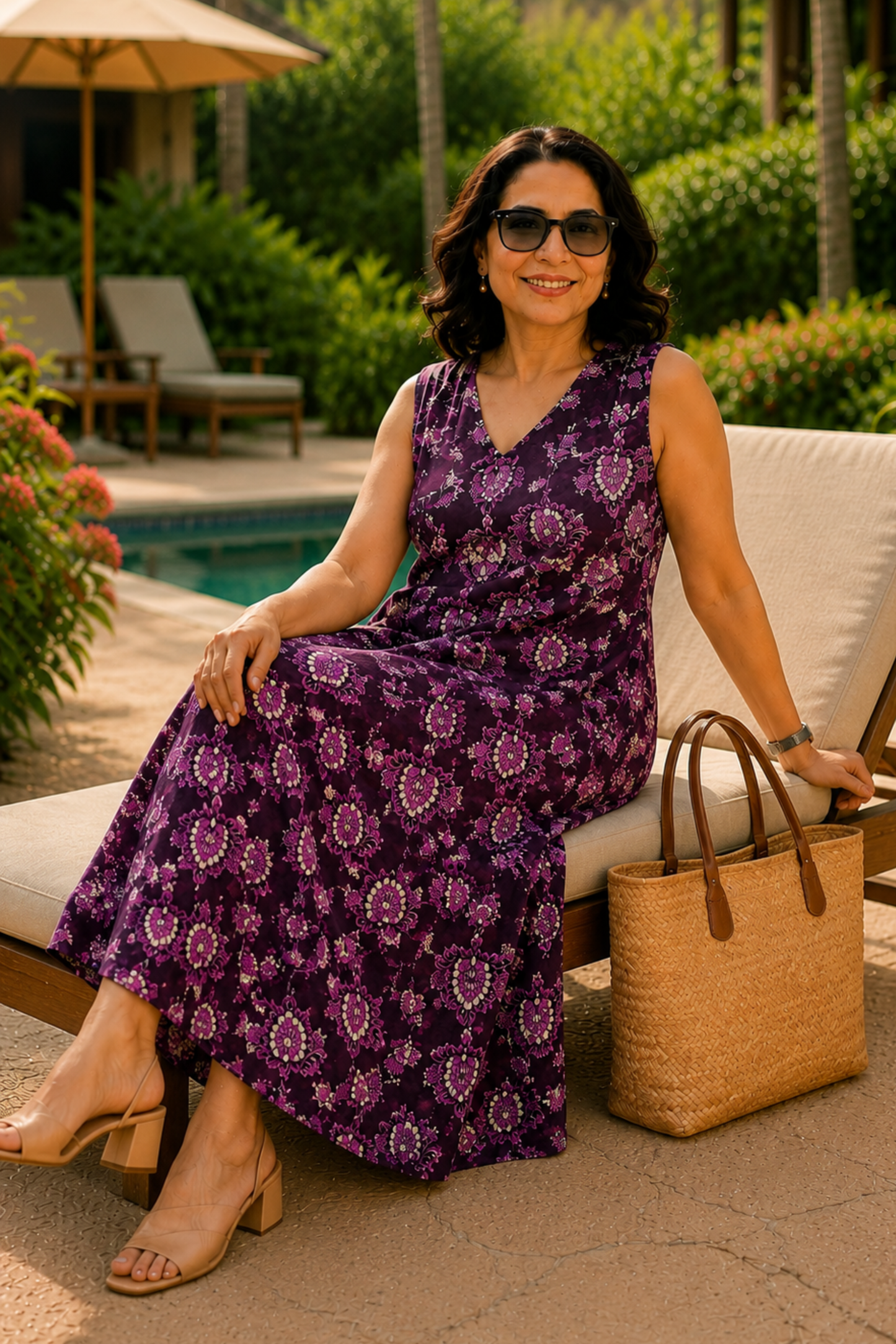 Plum Floral Printed Dress With Pockets