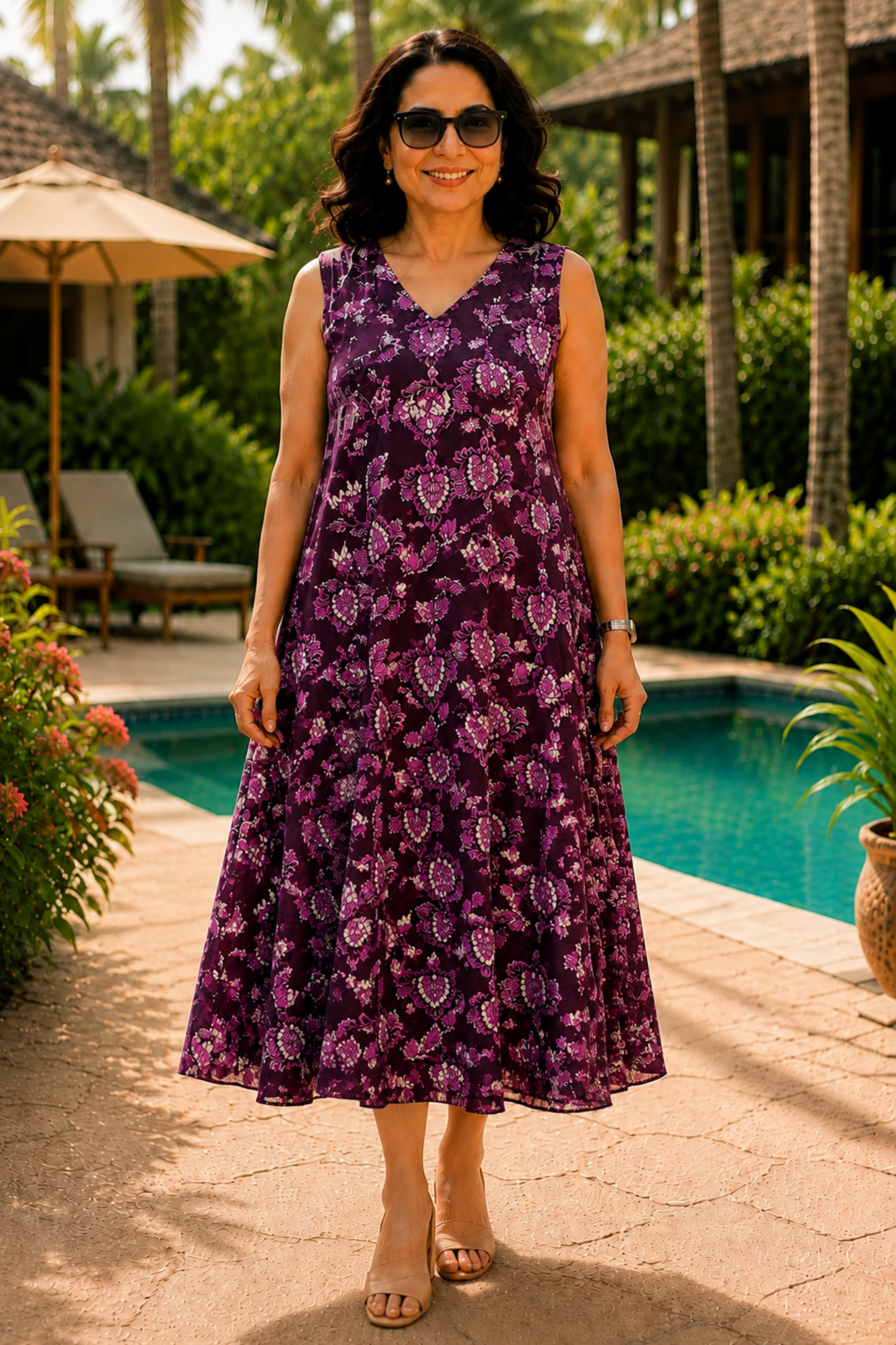 Plum Floral Printed Dress With Pockets