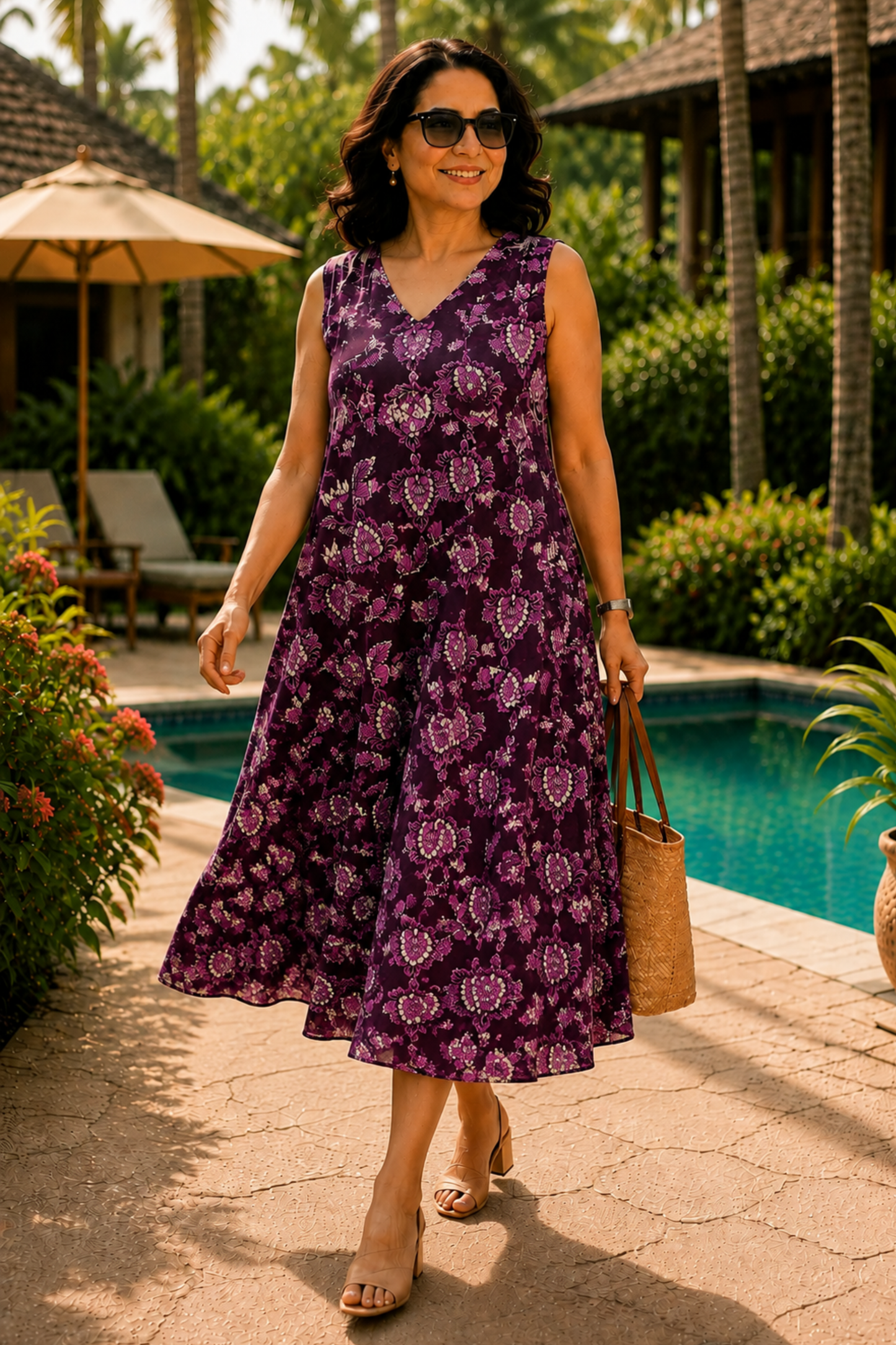 Plum Floral Printed Dress With Pockets