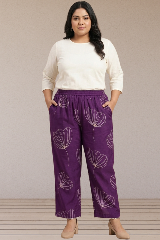 Plum Leaf Print Cotton Pants