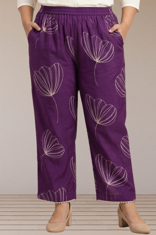 Plum Leaf Print Cotton Pants