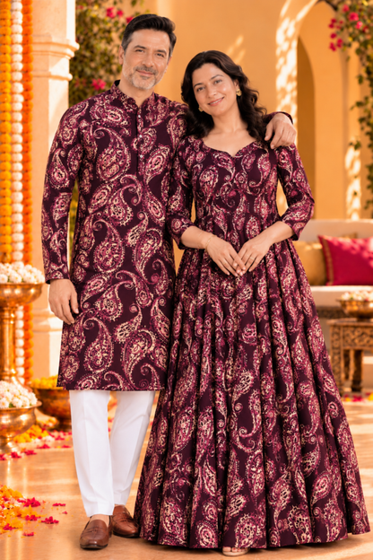 Plum Paisley Foiled Rayon Couple Outfit
