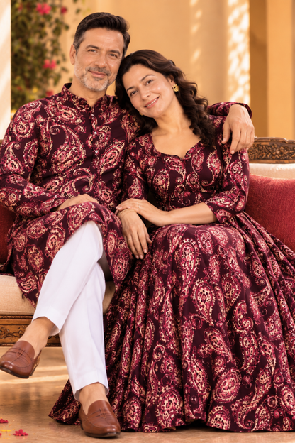 Plum Paisley Foiled Rayon Couple Outfit