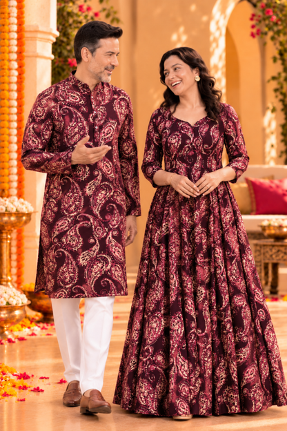 Plum Paisley Foiled Rayon Couple Outfit