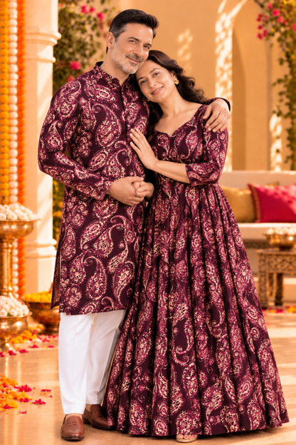 Plum Paisley Foiled Rayon Couple Outfit