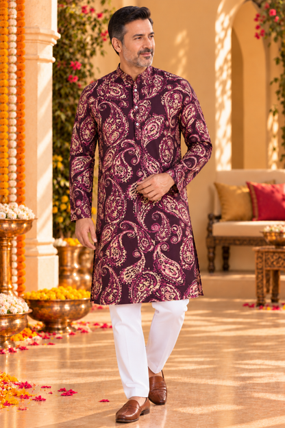 Plum Paisley Foiled Rayon Couple Outfit