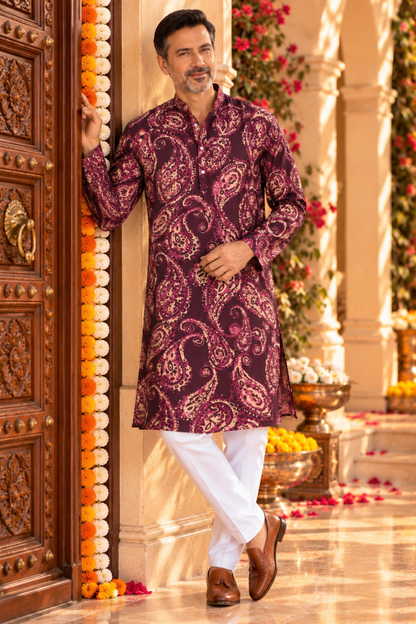 Plum Paisley Foiled Rayon Couple Outfit