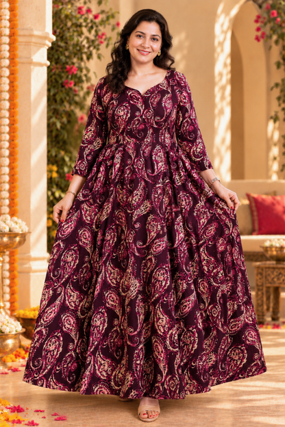Plum Paisley Foiled Rayon Couple Outfit