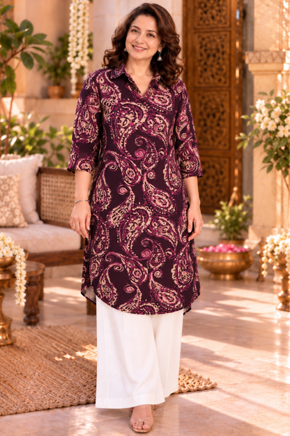 Plum Paisley Printed Kurta With Pockets