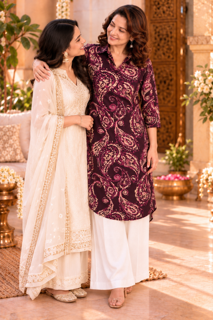 Plum Paisley Printed Kurta With Pockets