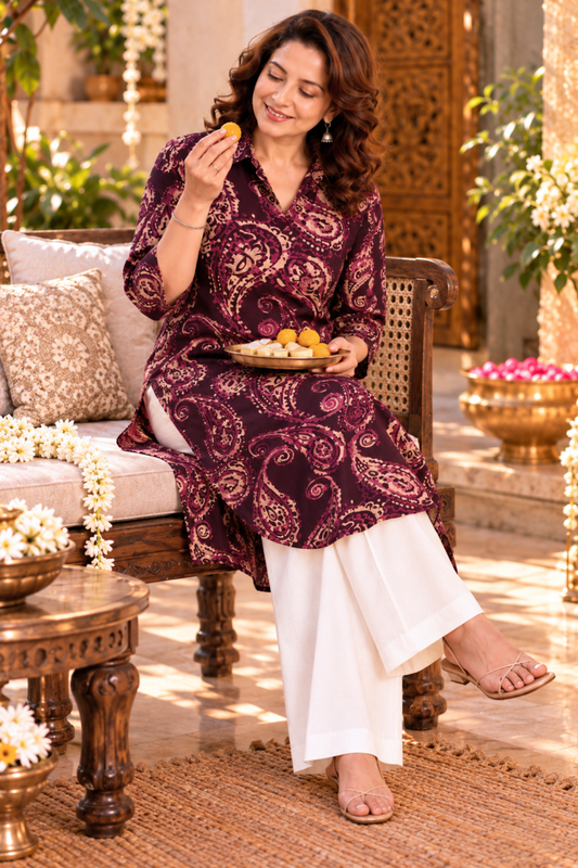 Plum Paisley Printed Kurta With Pockets