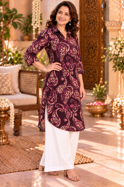 Plum Paisley Printed Kurta With Pockets