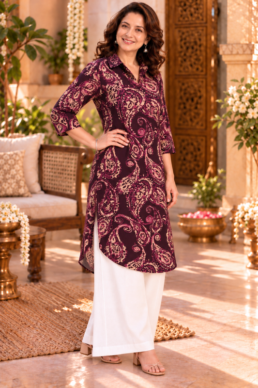 Plum Paisley Printed Kurta With Pockets