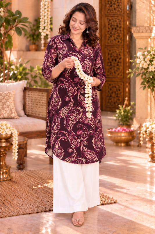Plum Paisley Printed Kurta With Pockets