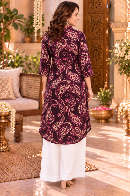 Plum Paisley Printed Kurta With Pockets